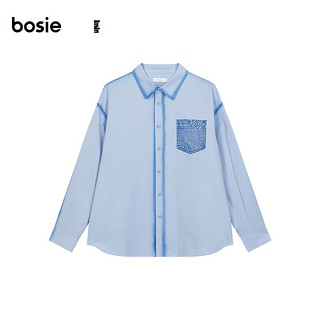 bosie2024春季长袖衬衫男印花喷色牛仔贴袋宽松休闲上衣 蓝色 170/88A