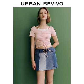 UR2024春季新款女装休闲撞色假两件抽褶设计感短袖T恤UWL440059 浅粉色 S