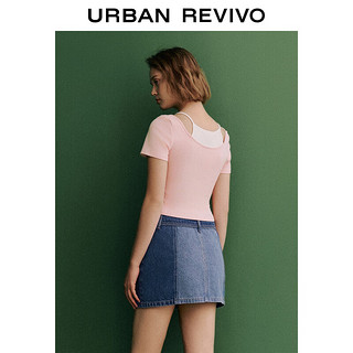 UR2024春季新款女装休闲撞色假两件抽褶设计感短袖T恤UWL440059 浅粉色 S