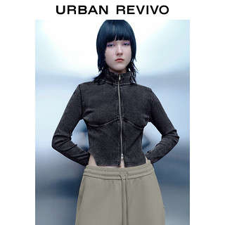 URBAN REVIVO UR2024春季女装复古设计感修身立领长袖开襟衬衫UWV240012 黑色 XS