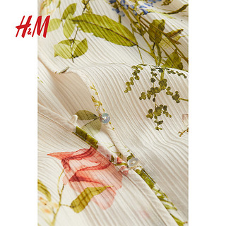 H&M女装2024春季长款田园风大廓形皱感碎花连衣裙1219083 奶油色/花卉 1
