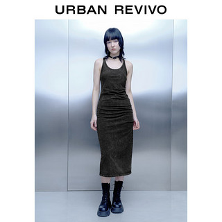 URBAN REVIVO UR2024春季女复古洗水高街褶皱开叉修身S型连衣裙UWV740015 黑色 XS