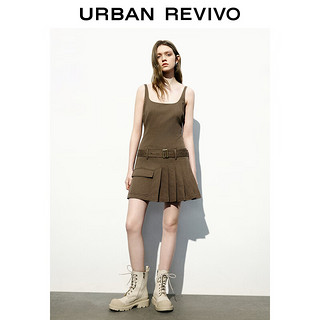 URBAN REVIVO UR2024春季女装复古工装风腰带短款吊带A型连衣裙UWL740006 咖啡色 XS