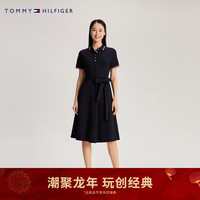 TOMMY HILFIGER24新款春季女休闲五粒扣系带收腰镶边合身POLO连衣裙41777 藏青色DW5