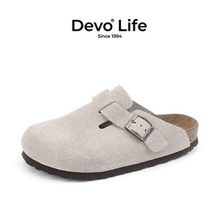 Devo 的沃 软木拖鞋包头半包休闲绒面反毛反绒半拖复古女鞋3624 3724 灰色反绒皮 44