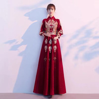 诺丽缇中式敬酒服新娘旗袍季酒红色结婚秀禾服答谢宴礼服裙女 酒红色长款 XXXL