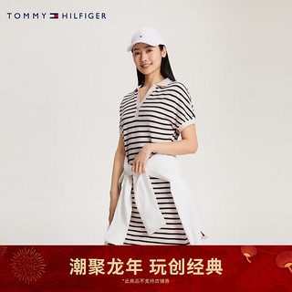 TOMMY HILFIGER 24春季女装莱赛尔混纺条纹V字领合身POLO连衣裙03017 米白黑条纹03M S