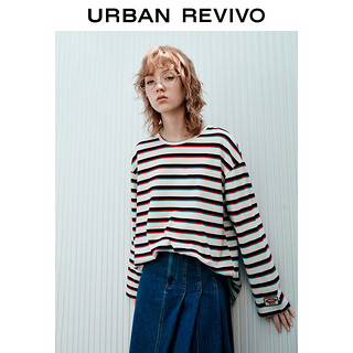URBAN REVIVO UR2024春季女装美式复古撞色条纹刺绣长袖圆领T恤UWU440003 深蓝色条纹 S