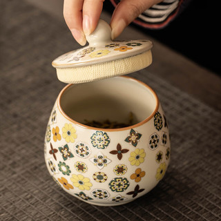 瓷牌茗茶具茶叶罐茶具陶瓷家用汝窑密封罐储茶小号醒茶罐茶具配件 米黄汝窑大唐宝相茶叶罐 330ml