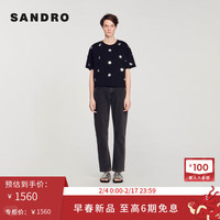 SANDRO2024早春新款女装优雅花朵亮片黑色针织T恤上衣SFPTS01436 黑色