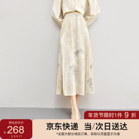 SENTUBILA 尚都比拉 春季复古中式改良马面裙双侧压褶抽象印花宽松A字裙 杏底花色 XL