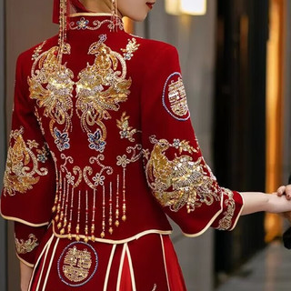 恒源祥丝绒秀禾服新娘2024中式婚纱礼服结婚敬酒服秀和服小个子 缎面款 4XL