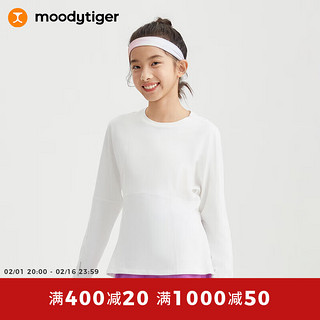 moodytiger儿童长袖T恤24年春季女童个性圆领宽松排汗运动衫 云朵白 130cm