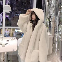 逖氏斯20仿兔毛皮草外套女中长款连帽羊羔绒懒人大衣大白熊 米白色加棉加厚款 S 【适合115斤以内】