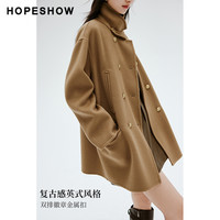 HOPESHOW 红袖 outlets棕色含羊毛双面呢大衣hopeshow2023冬小个子外套