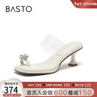 百思图2024夏季新款商场同款时尚休闲一字拖细跟女拖鞋M5052BT4 透明