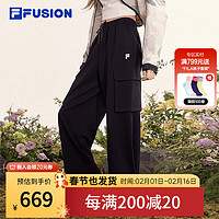 FILA FUSION斐乐潮牌女装针织长裤2024春季时尚休闲工装阔腿裤女 正黑色-BK 165/66A/M