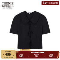 Teenie Weenie小熊女装2024蝴蝶结系带短袖衬衫花边娃娃领上衣 黑色 160/S