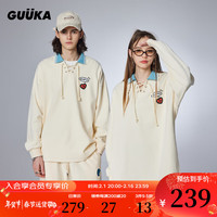 GUUKAxAgaho联名翻领长袖T恤男春新款潮 情侣撞色螺纹领抽绳童趣上衣 米色