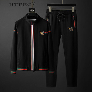 HTEEC香港潮牌春秋款时尚刺绣套装立领小蜜蜂卫衣潮流男士两件套 白色 3XL