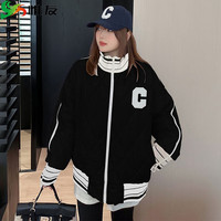 惟友 大码棉服女胖妹妹冬装大码女装胖mm显瘦棒球服 黑色 P3180-200斤