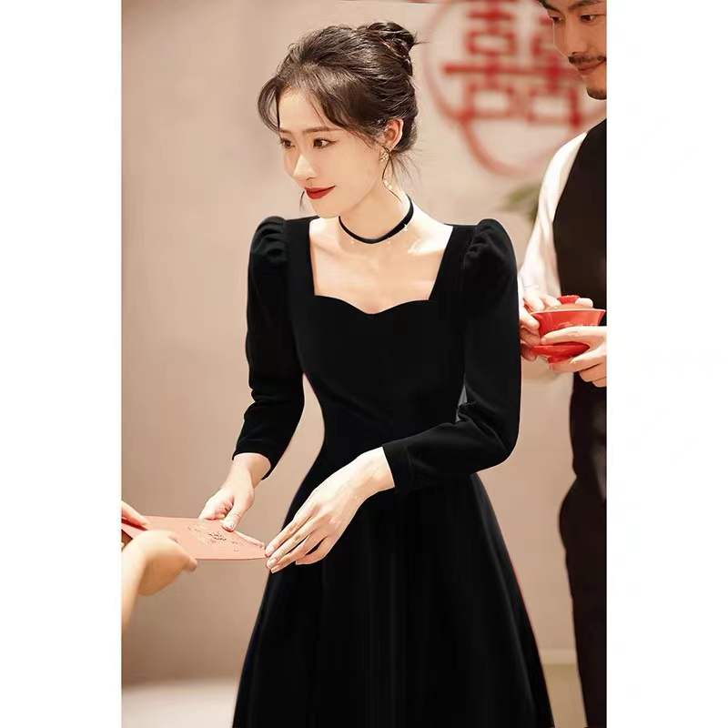 诺丽缇晚礼服女2023平时可穿气质宴会黑色丝绒高级感年会冬季连衣裙 黑色长袖长款 L