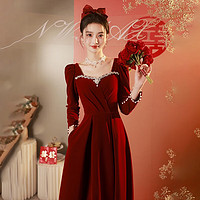 丽佰昕（Libaixin）敬酒服新娘酒红色订婚礼服高级感长袖丝绒结婚大气女 酒红色 M