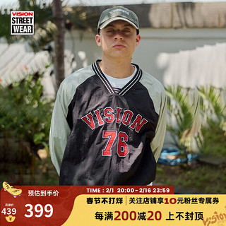 VISION STREET WEAR【2024春】美式复古宽松尼龙撞色拼接V领球衣套头衫男女同款 黑色 XS