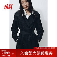 H&M女装风衣2024春季时尚英伦风简约通勤双排扣外套1202547 黑色 160/88A