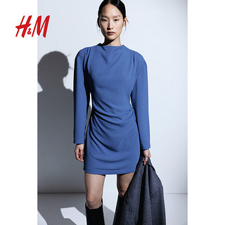 H&M女装连衣裙春季2024时尚垂坠感长袖立领波点短裙1198523 黑色/白色条纹 160/88A