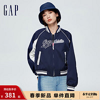 Gap女装春季2024LOGO学院风短款棒球领夹克活力外套888453 海军蓝 165/84A(M)亚洲尺码