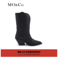 MO&Co.2024春牛皮革中跟中筒尖头复古西部短靴MBD1SHS003 黑色 单层 35