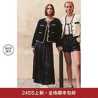 ochirly欧时力 PU皮中长半身裙2024早春拼蕾丝a字褶裙高腰 黑色 XL