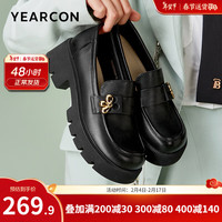 YEARCON 意尔康 女鞋 时尚乐福鞋女2024春季牛皮套脚单鞋女学院风粗跟小皮鞋 黑色 38
