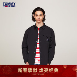 tommyjeans24春男装美式街头布标按扣翻领宽松工装衬衫外套18951黑色