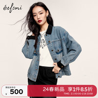 伊芙丽（eifini）伊芙丽灯芯绒撞色拼接超好看牛仔外套女2024春装设计感上衣 牛仔蓝 160/84A/M