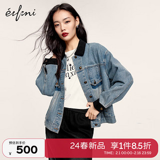 eifini 伊芙丽 灯芯绒撞色拼接超好看牛仔外套女2024春装设计感上衣 牛仔蓝 160/84A/M