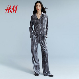 H&M 女装衬衫2024春季修身天鹅绒系带上衣1223391 深灰色 160/88A