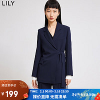 LILY 春新款女装通勤款防晒职业OL不对称系带时尚多色西装外套 411藏青 XL