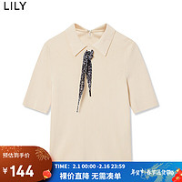 LILY 2022秋女装复古翻领优雅纯色针织衫 604米白 L