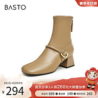 BASTO 百思图 23冬季新款法式玛丽珍小踝时装瘦瘦靴粗跟女中筒靴TGL66DZ3