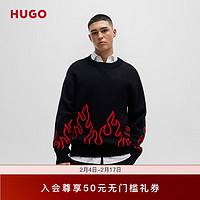 HUGO男士2024早春火焰提花装饰羊毛混纺宽松毛衣 001-黑色 EU:XXL