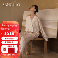 桑罗(SANGLUO)真丝睡衣新中式禅意套装斜门襟珍珠扣国风家居服可外穿 古杏色 M