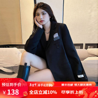 GARNUO小西装外套女春秋冬季宽松设计感小众高级感黑色加厚加棉西服 黑色 L【121-130斤】