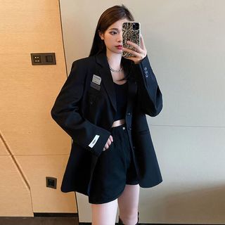 GARNUO小西装外套女春秋冬季宽松设计感小众高级感黑色加厚加棉西服 黑色 L【121-130斤】