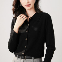 牧什 山羊绒开衫女士羊绒衫外套女纯色POLO领针织羊绒衬衫QA01R35 黑色 165/L
