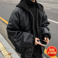 魄克连帽皮衣外套男冬季加厚美式复古潮牌休闲短款夹克痞帅机车上衣服 PY008黑色加棉 XL 130-150斤