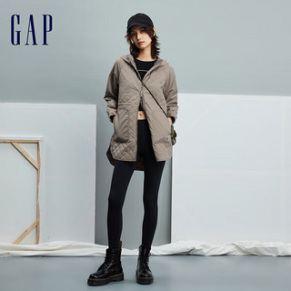 Gap女装冬季2023LOGO宽松廓形连帽棉服840860保暖长款外套 灰棕色 170/88A(L) 亚洲尺码