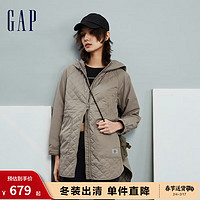 Gap女装冬季2023LOGO宽松廓形连帽棉服840860保暖长款外套 灰棕色 170/88A(L) 亚洲尺码