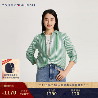 TOMMY HILFIGER24春季女装复古休闲竖条纹合身版长袖衬衫XW0XW02994 绿白条纹0CD 38（L）